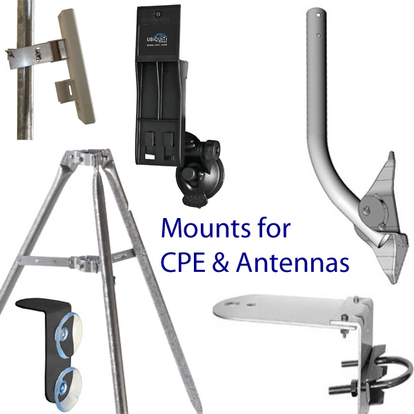 Wide variety of mounts for Ubiquiti CPE, antennas, bridges, Access Points: Wall mounts, roof mounts, tripod mounts, window mounts, pole mounts