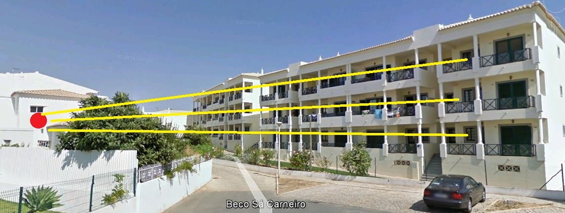 Use a UniFi Outdoor AP in the red circle to send signal for the apartments on the yellow line (buildings, its only for 4 apartments), the distance is about 40-50 meters